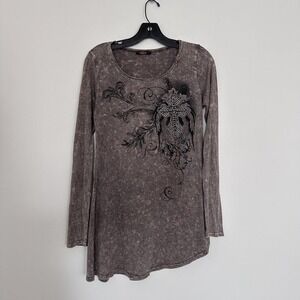 Y2K Party Shirt Womens Small Gray Wings Tunic Rhinestone Cross Indie‎ Sleeze 00s